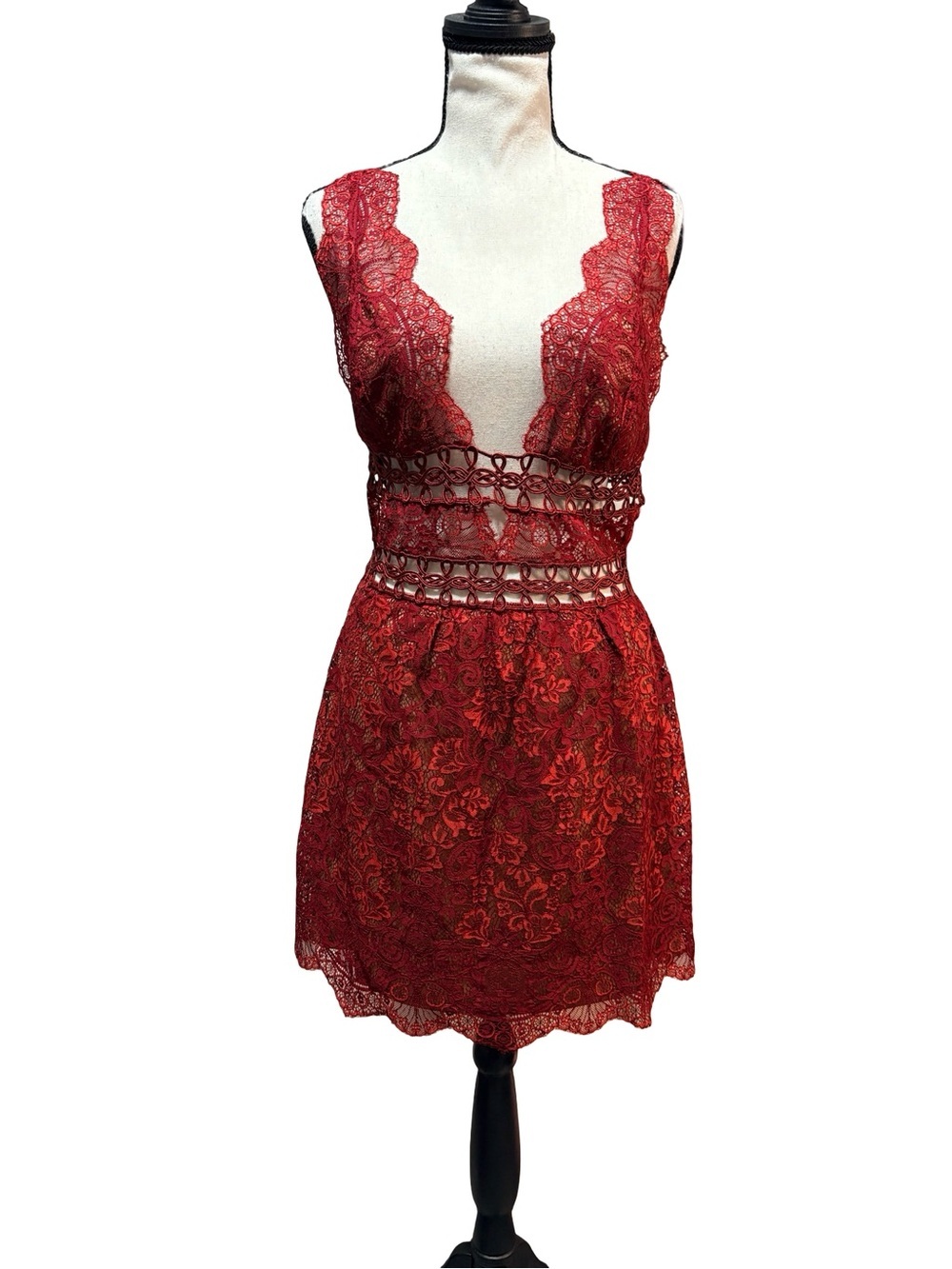 For Love & Lemons Mon Cheri Mini Dress Rouge Burgundy Lace Cutout Size M